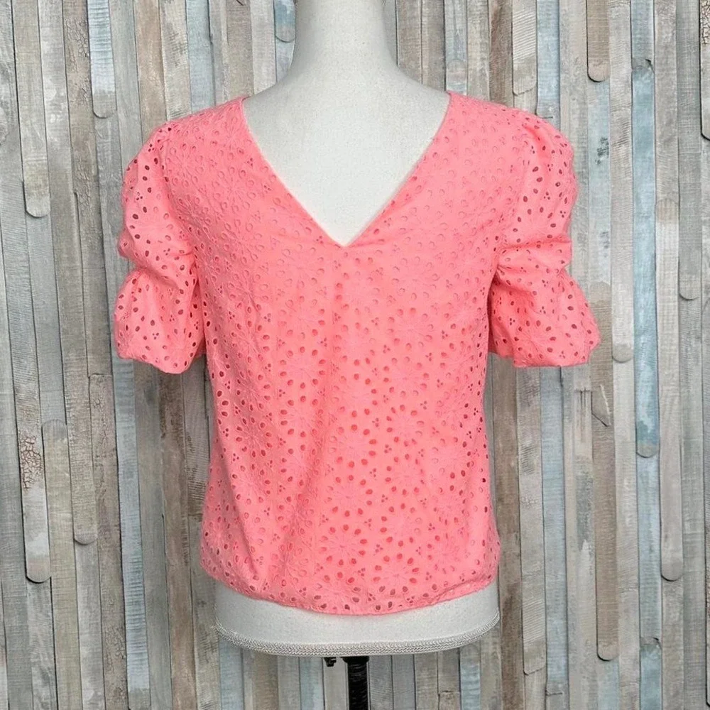 Lilly Pulitzer Size S Neon Coral Shaila Sunburst Eyelet Puff Sleeve Top Summer‎